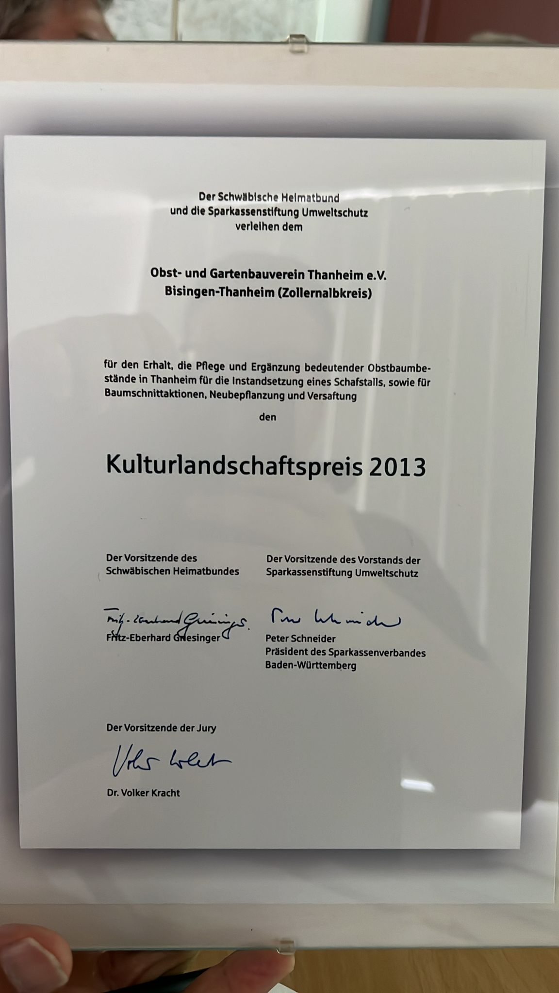 Urkunde Kulturlandschaftspreis 2013 – Schwäbischer Heimatbund und Sparkassenstiftung Umweltschutz
